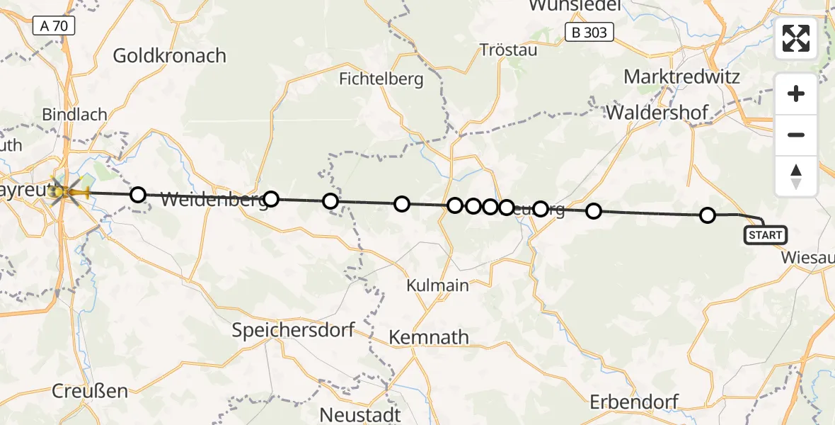 Flugroute Ambulanzhubschrauber Fuchsmühl - Bayreuth, 16 August 2026, 08:23