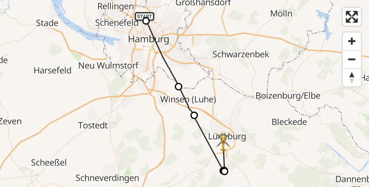 Flugroute Rettungshubschrauber Hamburg Helmut Schmidt Flughafen - Lüneburg, 16 August 2026, 08:23