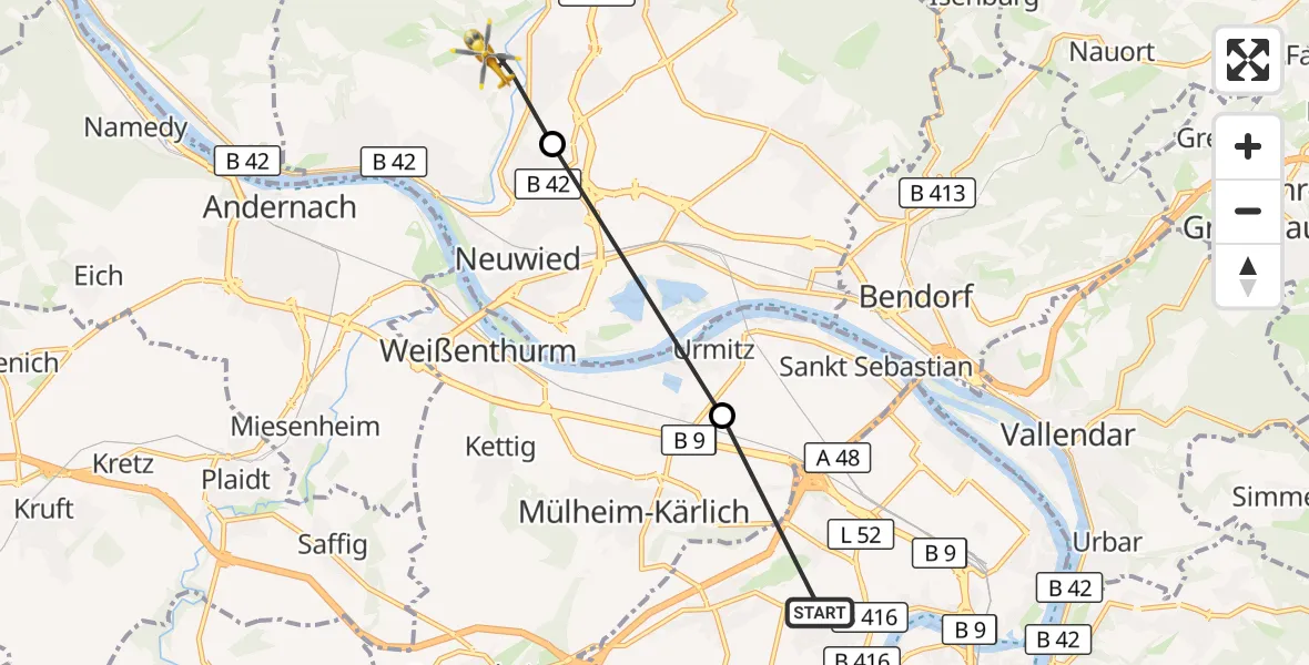 Flugroute Rettungshubschrauber Koblenz - Neuwied, 16 August 2026, 08:26