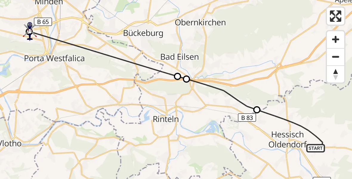 Flugroute Polizeihubschrauber Hessisch Oldendorf - Minden, 16 August 2026, 08:28