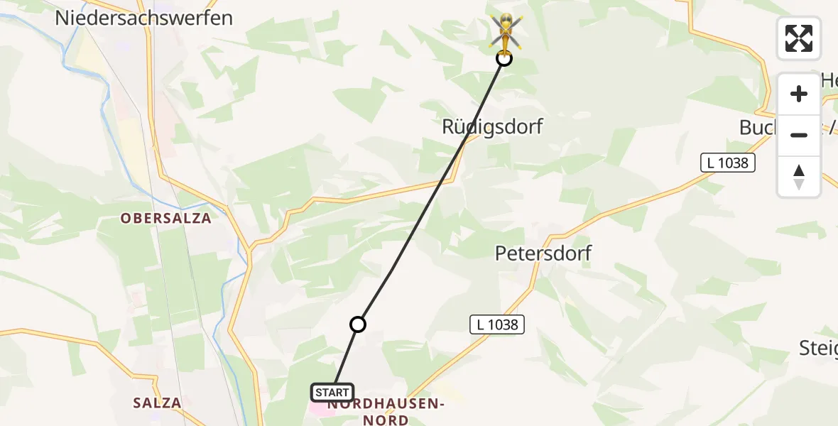 Flugroute Rettungshubschrauber Südharz Hospital Nordhausen - Harztor, 16 August 2026, 08:32