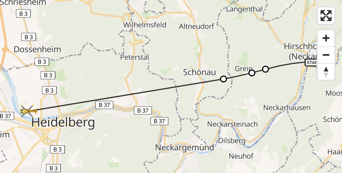 Flugroute Rettungshubschrauber Hirschhorn (Neckar) - Heidelberg, 16 August 2026, 08:32
