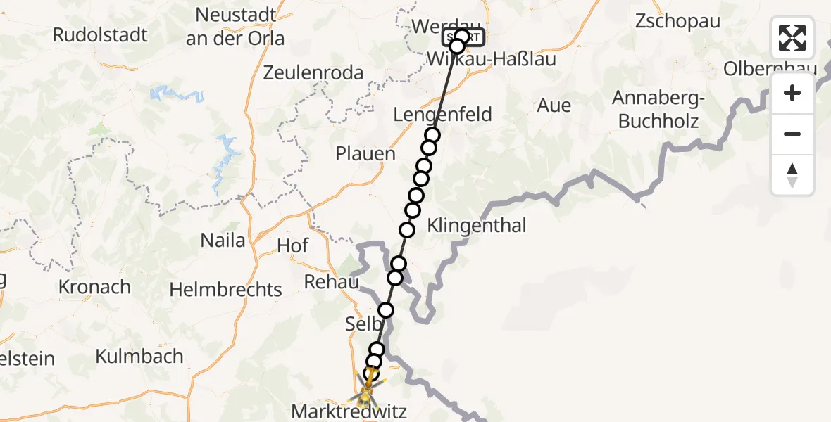 Flugroute Rettungshubschrauber ADAC Air Rescue Station Zwickau Hubschrauberlandeplatz - Arzberg, 16 August 2026, 08:33