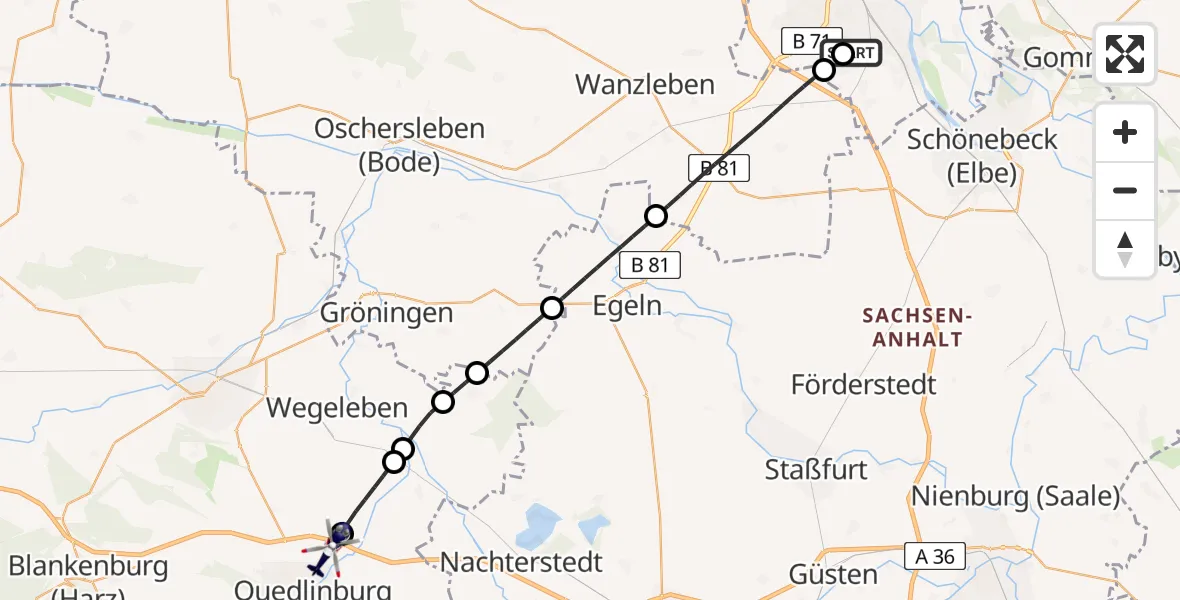 Flugroute Polizeihubschrauber Magdeburg City Flugplatz - Quedlinburg, 16 August 2026, 08:43