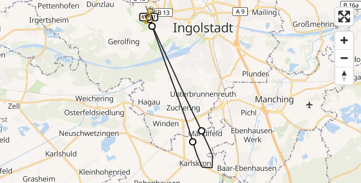 Flugroute Rettungshubschrauber Ingolstadt Hospital - Ingolstadt Hospital, 16 August 2026, 08:45