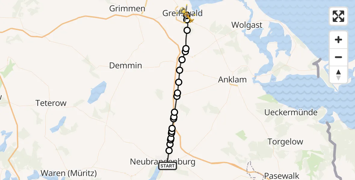 Flugroute Rettungshubschrauber Neubrandenburg - Greifswald Hospital, 16 August 2026, 08:50