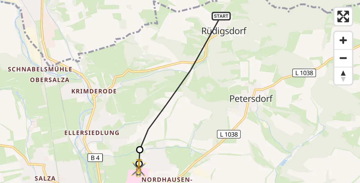 Flugroute Rettungshubschrauber Nordhausen - Südharz Hospital Nordhausen, 16 August 2026, 08:55
