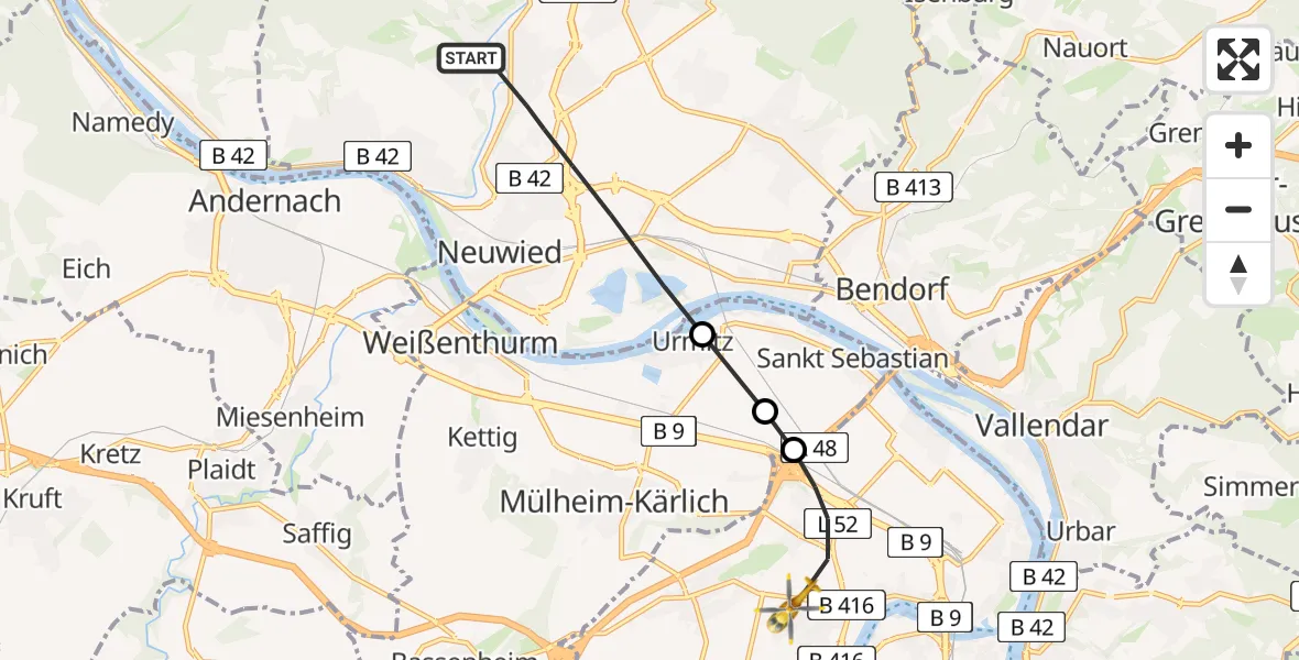 Flugroute Rettungshubschrauber Neuwied - Koblenz, 16 August 2026, 09:00