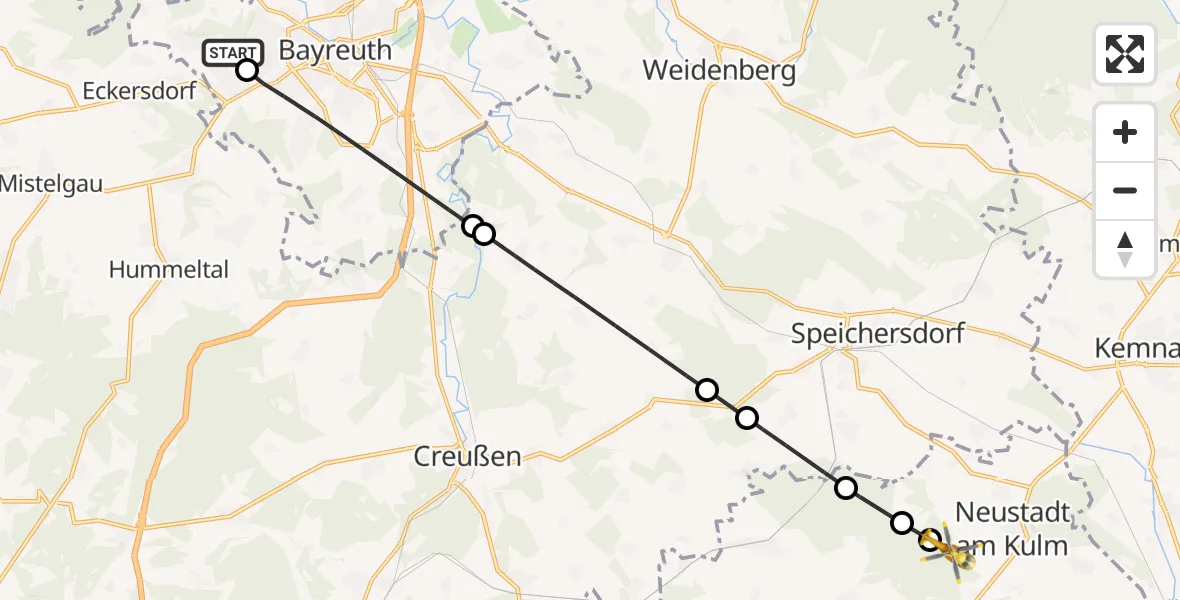 Flugroute Ambulanzhubschrauber Bayreuth Hospital - Speinsharter Forst, 16 August 2026, 09:01
