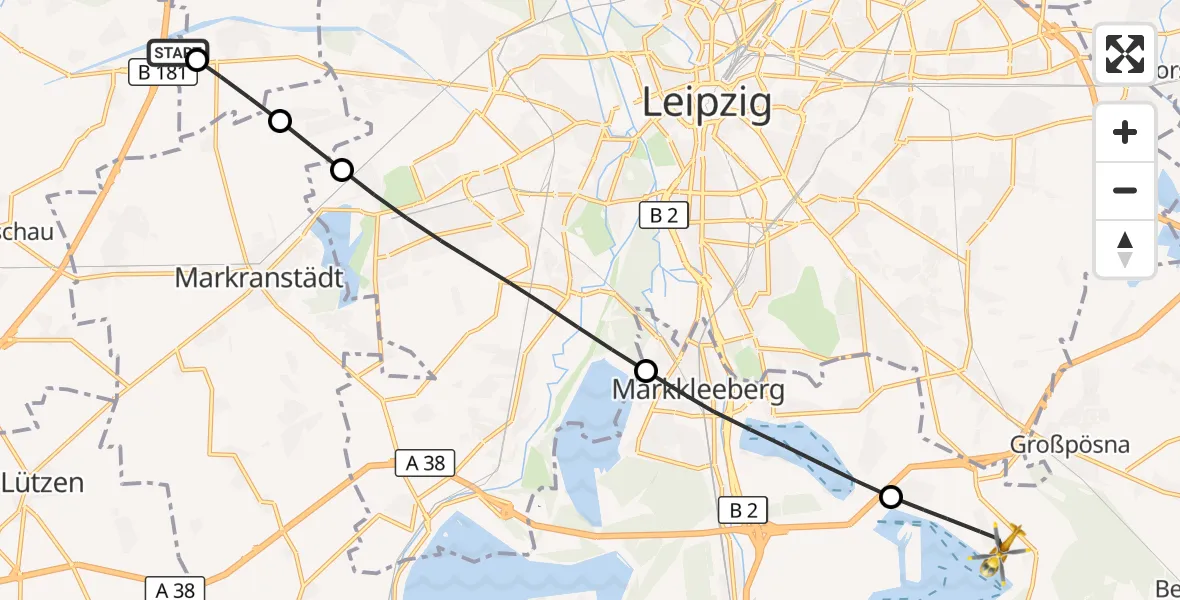 Flugroute Rettungshubschrauber ADAC Air Rescue Station Leipzig/Schkeuditz-Dölzig Hubschrauberlandeplatz (Christoph 61) - Großpösna, 16 August 2026, 09:02