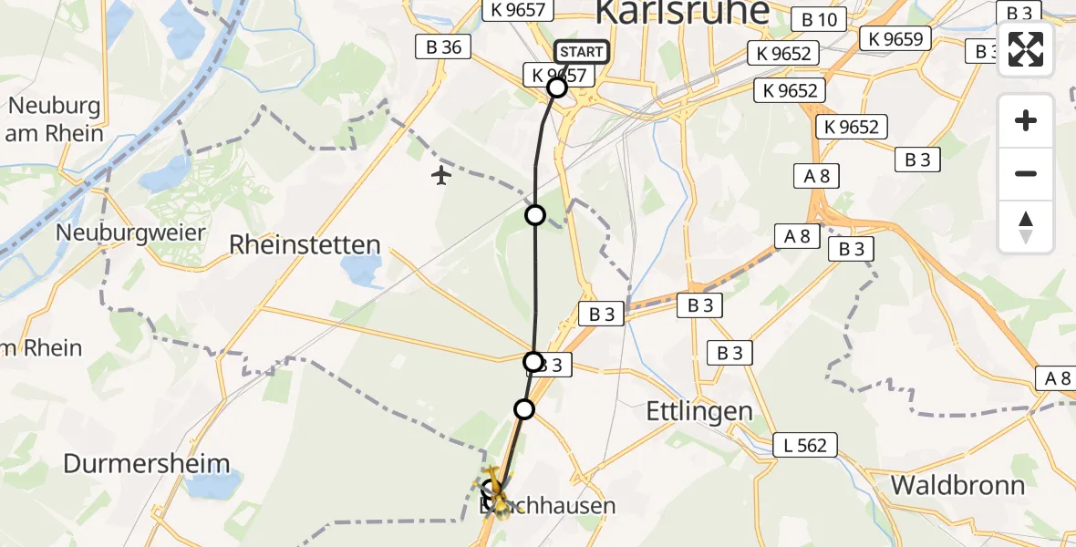 Flugroute Ambulanzhubschrauber Sankt Vincentius Hospital - Ettlingen, 16 August 2026, 09:03