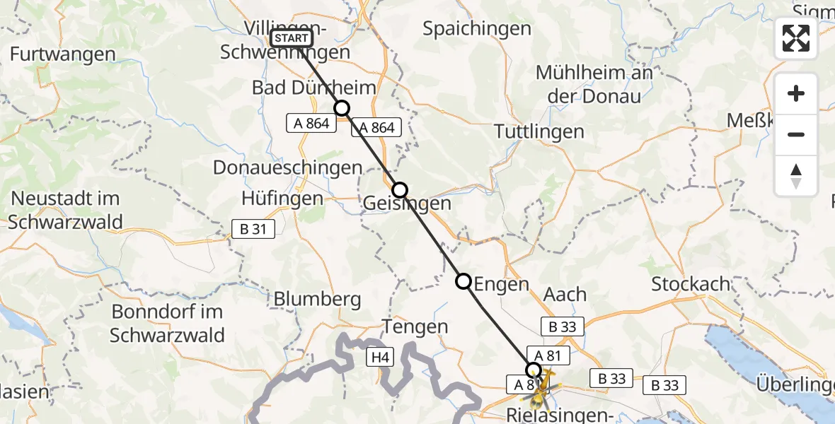 Flugroute Ambulanzhubschrauber DRF Air Rescue Station Villingen-Schwenningen Hubschrauberlandeplatz (Christoph 11) - Singen (Hohentwiel), 16 August 2026, 09:23