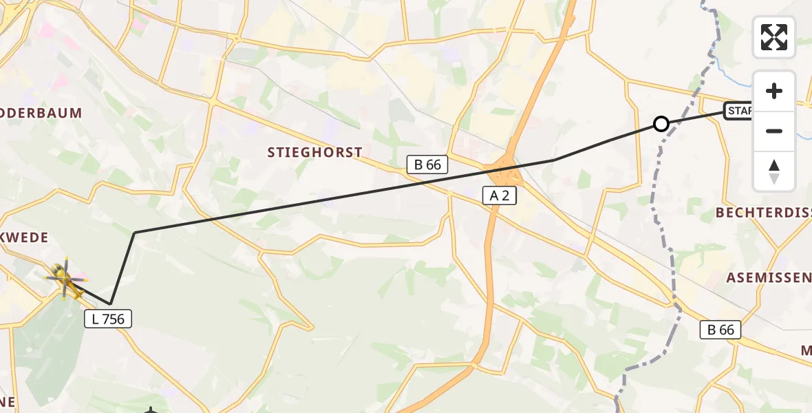 Flugroute Rettungshubschrauber Leopoldshöhe - Luftrettungszentrum Bielefeld, 16 August 2026, 09:31