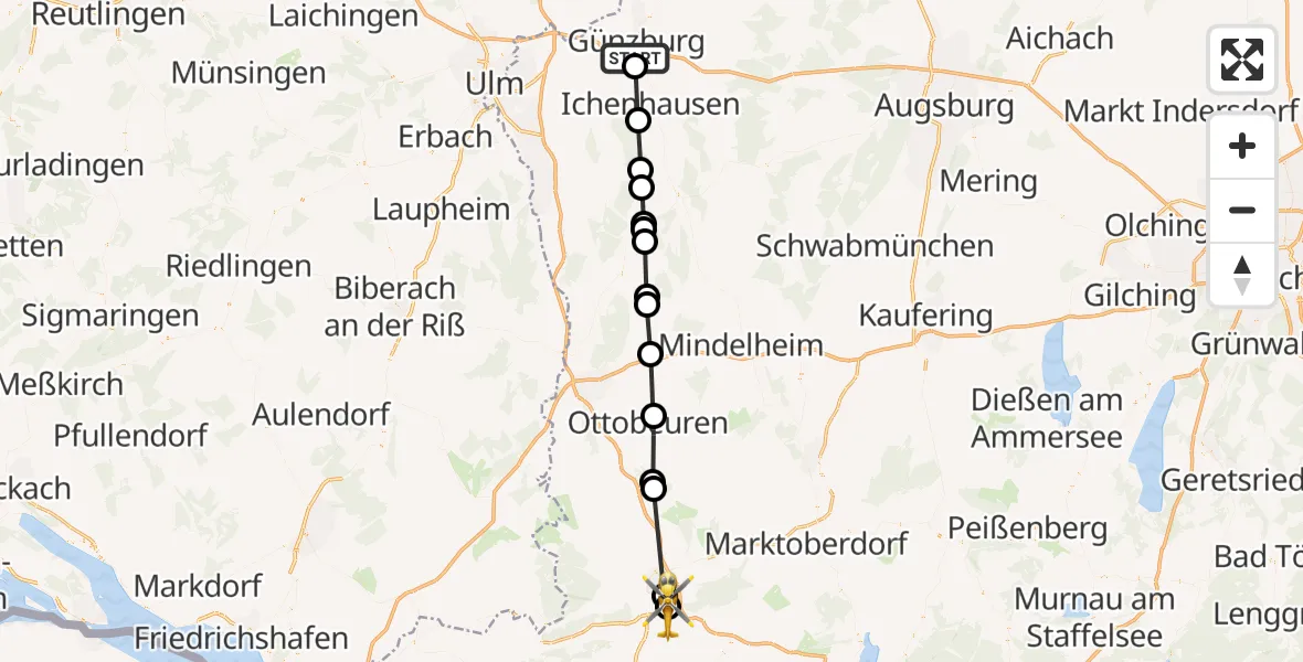 Flugroute Rettungshubschrauber Günzburg - Kempten-Durach Flugplatz, 16 August 2026, 09:39