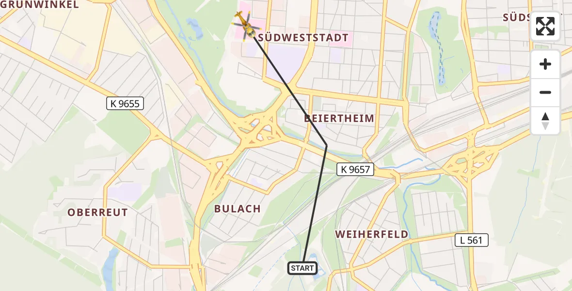 Flugroute Ambulanzhubschrauber Karlsruhe - Sankt Vincentius Hospital, 16 August 2026, 09:39