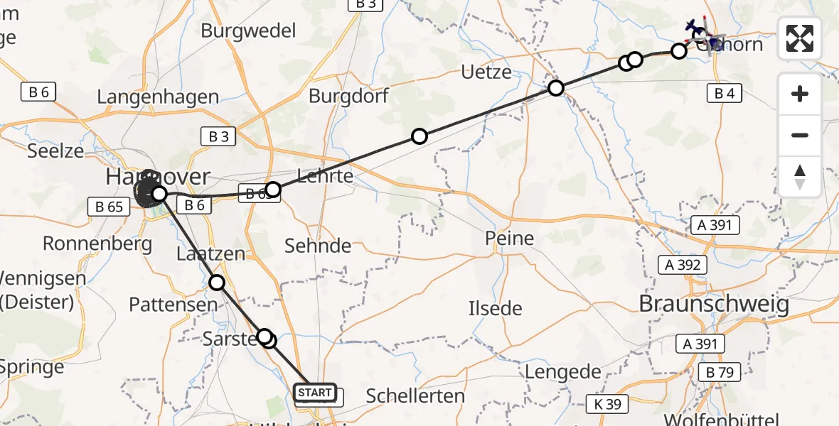 Flugroute Polizeihubschrauber Harsum - Gifhorn Bundespolizei Hubschrauberlandeplatz, 16 August 2026, 09:42