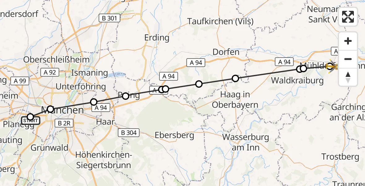 Flugroute Rettungshubschrauber DRF Air Rescue München Hubschrauberlandeplatz - Mühldorf a.Inn, 16 August 2026, 09:42