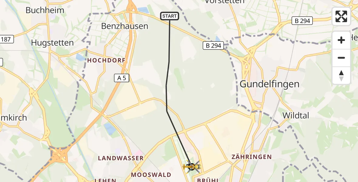Flugroute Ambulanzhubschrauber Freiburg im Breisgau - Freiburg im Breisgau Flugplatz, 16 August 2026, 09:44