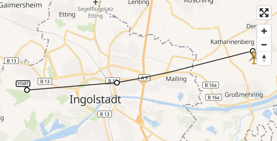 Flugroute Rettungshubschrauber Ingolstadt Hospital - Großmehring, 16 August 2026, 09:44