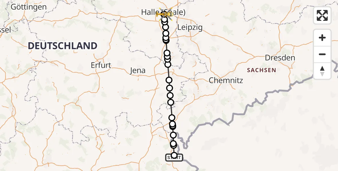 Flugroute Rettungshubschrauber Thiersheim - BG Hospital Bergmannstrost Halle, 16 August 2026, 09:46