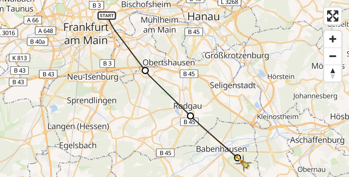 Flugroute Rettungshubschrauber Frankfurt am Main - Babenhausen, 16 August 2026, 09:49
