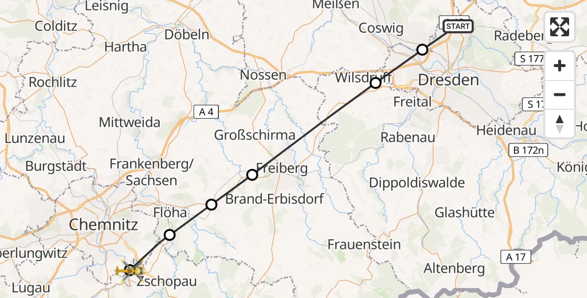 Flugroute Rettungshubschrauber Dresden Flughafen - Amtsberg, 16 August 2026, 09:50