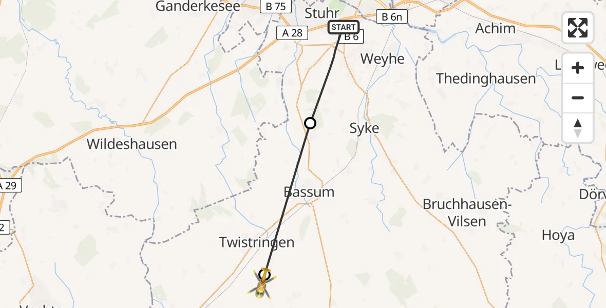 Flugroute Rettungshubschrauber Stuhr - Ehrenburg, 16 August 2026, 09:54