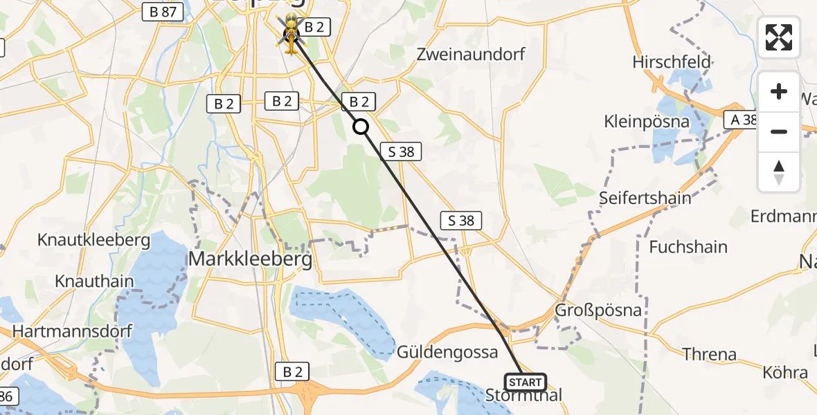 Flugroute Rettungshubschrauber Großpösna - Leipzig University Hospital Heliport 1, 16 August 2026, 10:01
