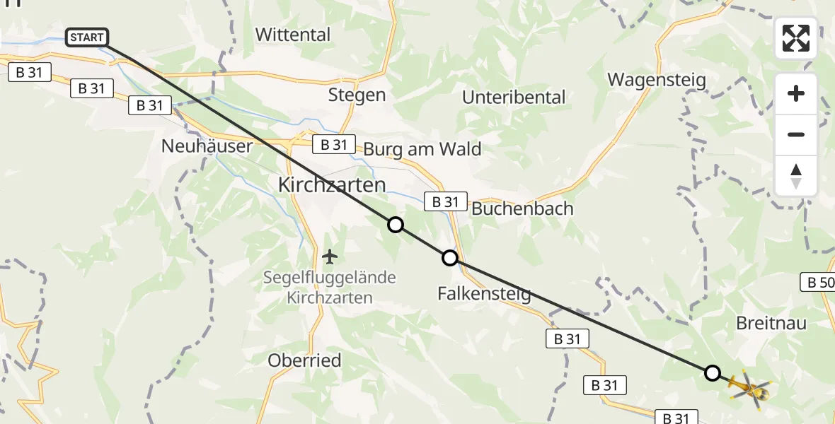 Flugroute Ambulanzhubschrauber Freiburg im Breisgau - Breitnau, 16 August 2026, 10:01