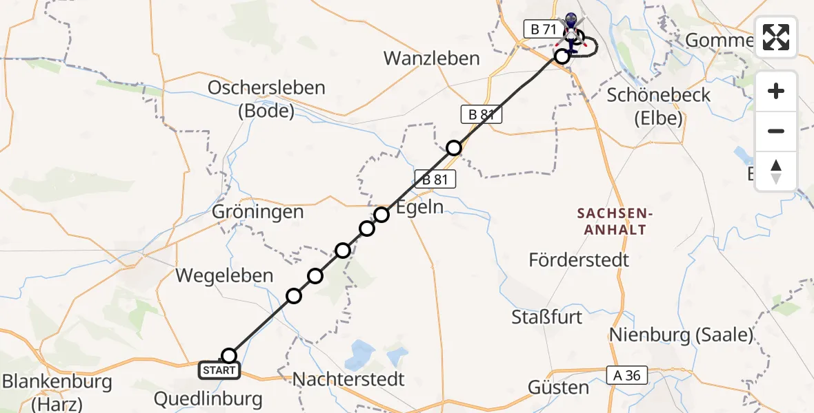 Flugroute Polizeihubschrauber Quedlinburg - Magdeburg, 16 August 2026, 10:03