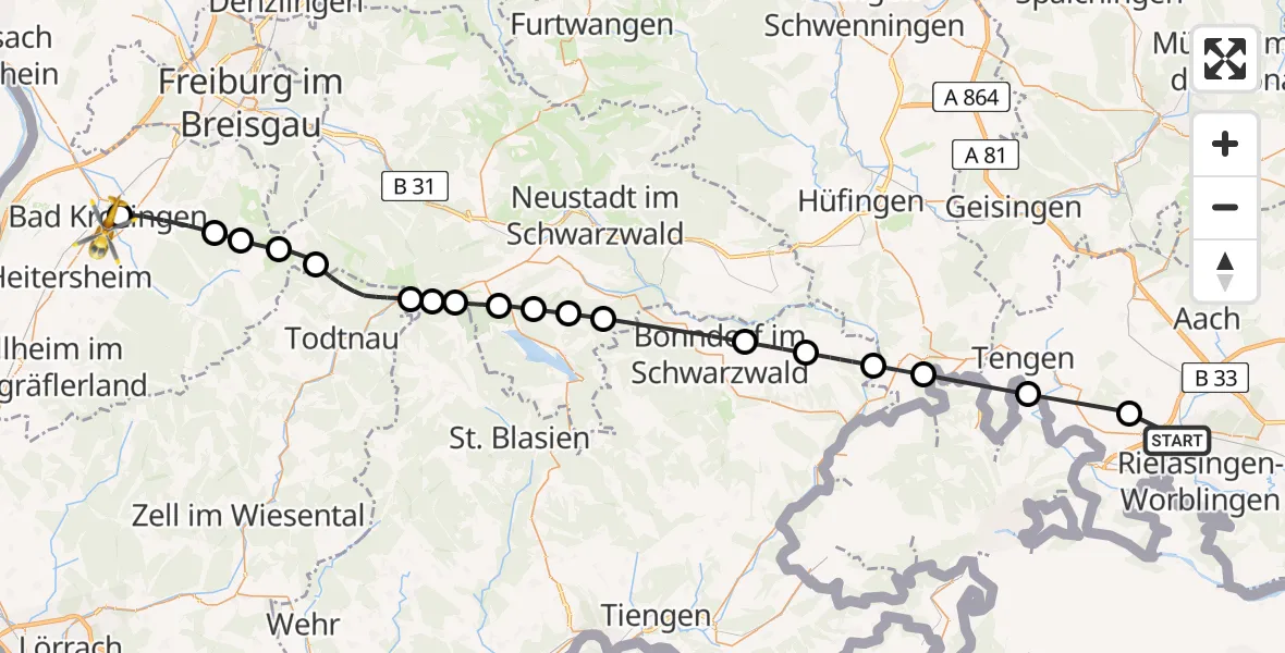Flugroute Ambulanzhubschrauber Singen (Hohentwiel) - Bad Krozingen, 16 August 2026, 10:06