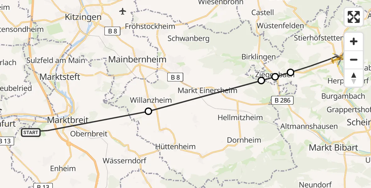 Flugroute Rettungshubschrauber Marktbreit - Oberscheinfeld, 16 August 2026, 10:08