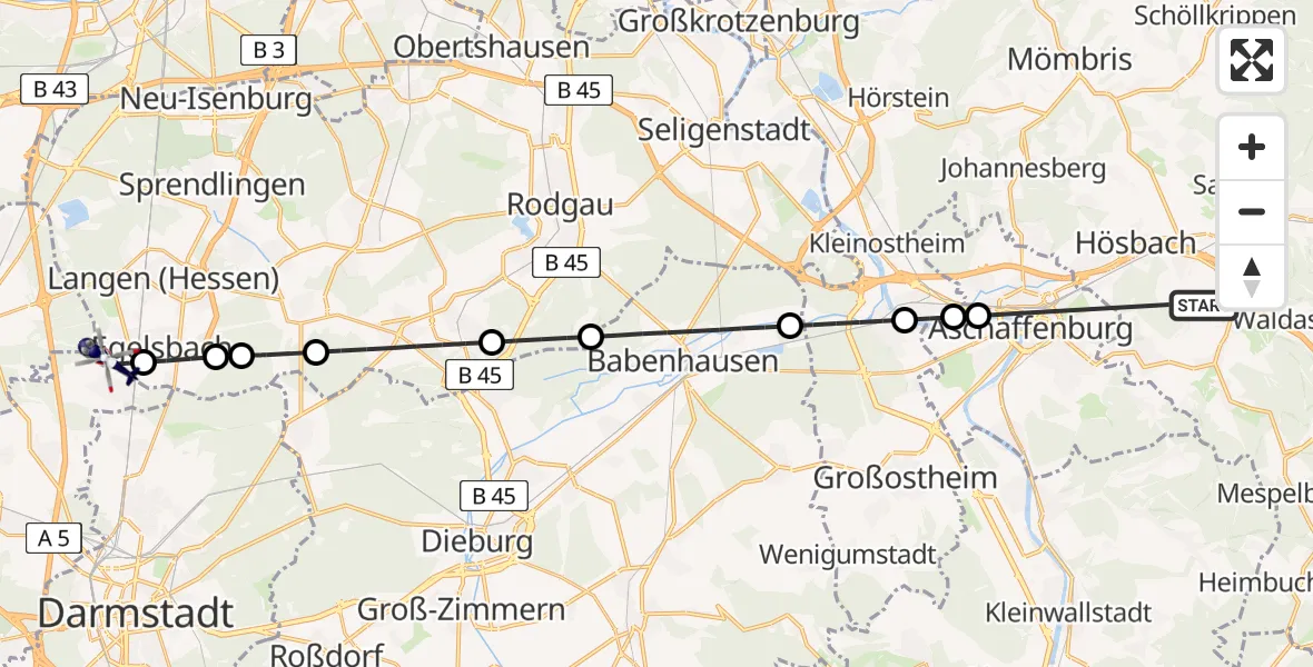 Flugroute Polizeihubschrauber Bessenbach - Flughafen Frankfurt-Egelsbach, 16 August 2026, 10:17