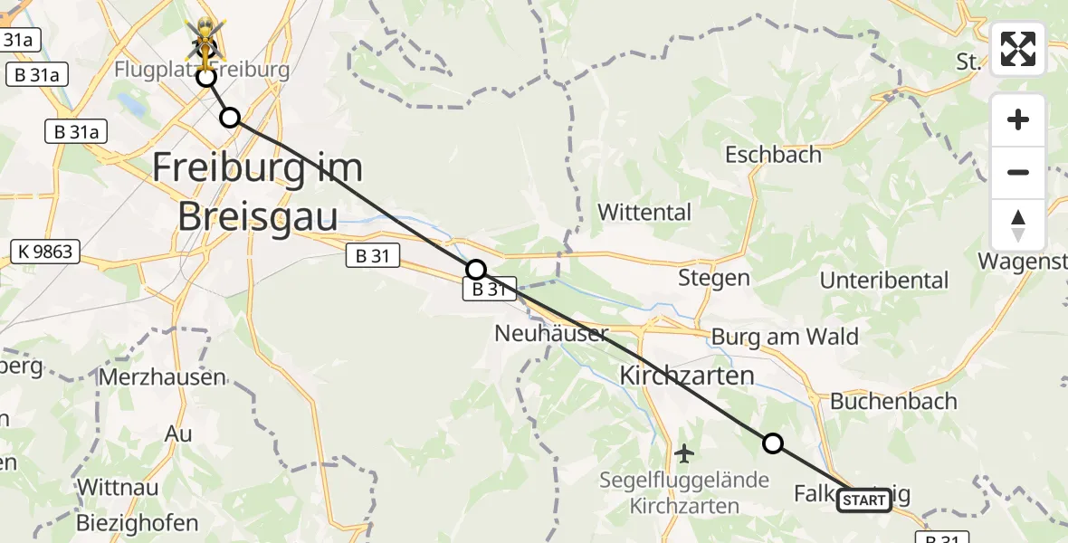 Flugroute Ambulanzhubschrauber Buchenbach - Freiburg im Breisgau Flugplatz, 16 August 2026, 10:27