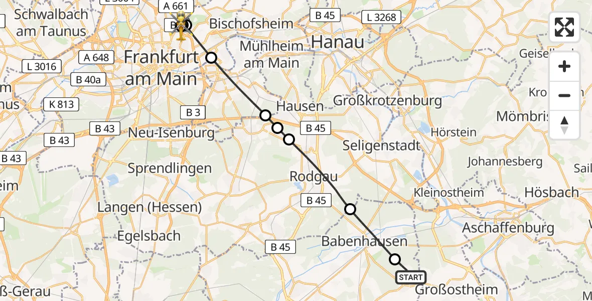 Flugroute Rettungshubschrauber Schaafheim - Frankfurt am Main Accident Hospital Roof, 16 August 2026, 10:31