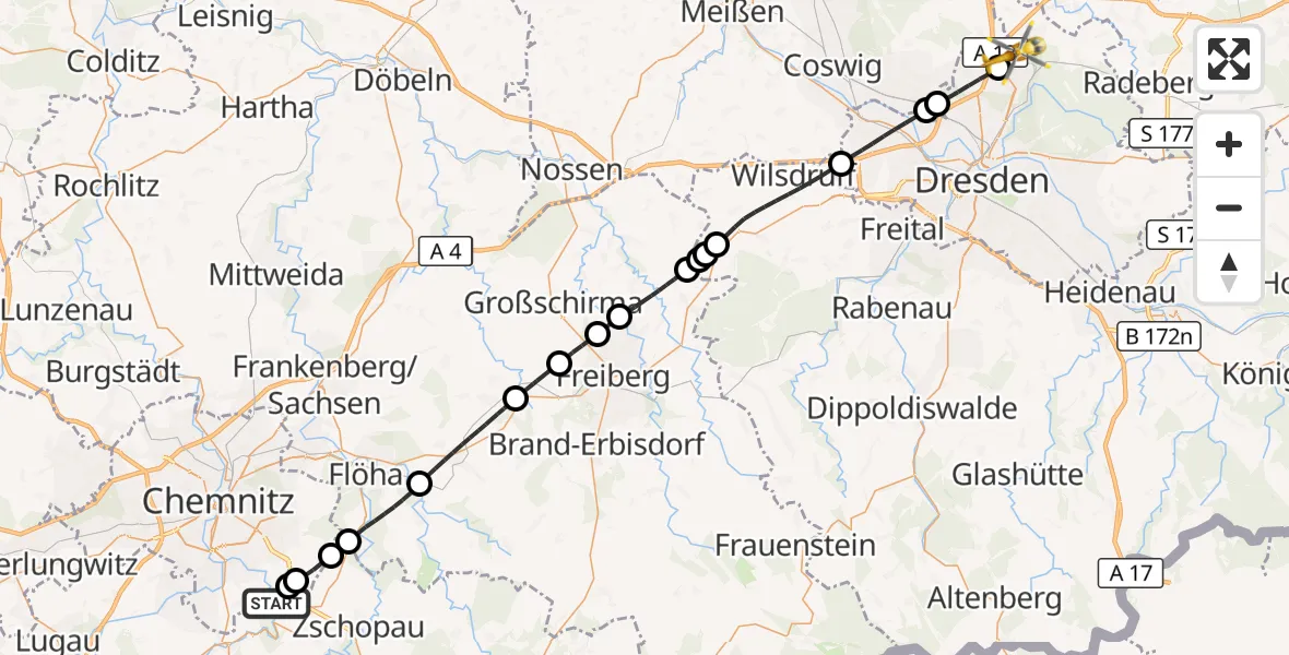 Flugroute Rettungshubschrauber Chemnitz - Dresden Bundespolizei Hubschrauberlandeplatz, 16 August 2026, 10:33