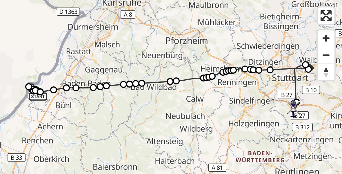 Flugroute Polizeihubschrauber Lichtenau - Flughafen Stuttgart, 16 August 2026, 10:34