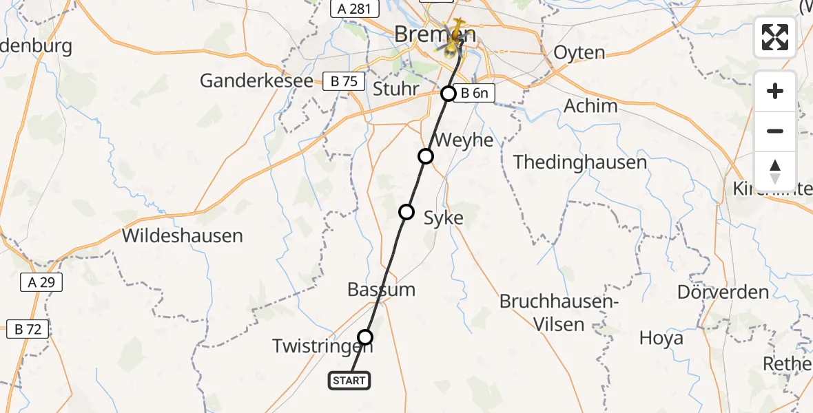 Flugroute Rettungshubschrauber Ehrenburg - Bremen, 16 August 2026, 10:35