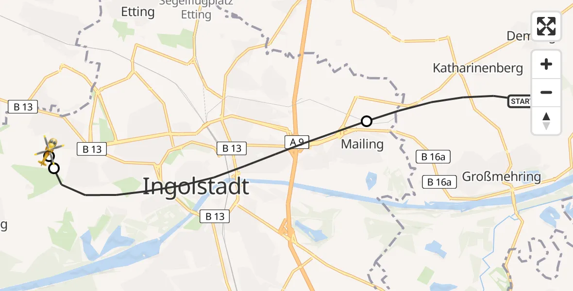 Flugroute Rettungshubschrauber Großmehring - Ingolstadt Hospital, 16 August 2026, 10:39