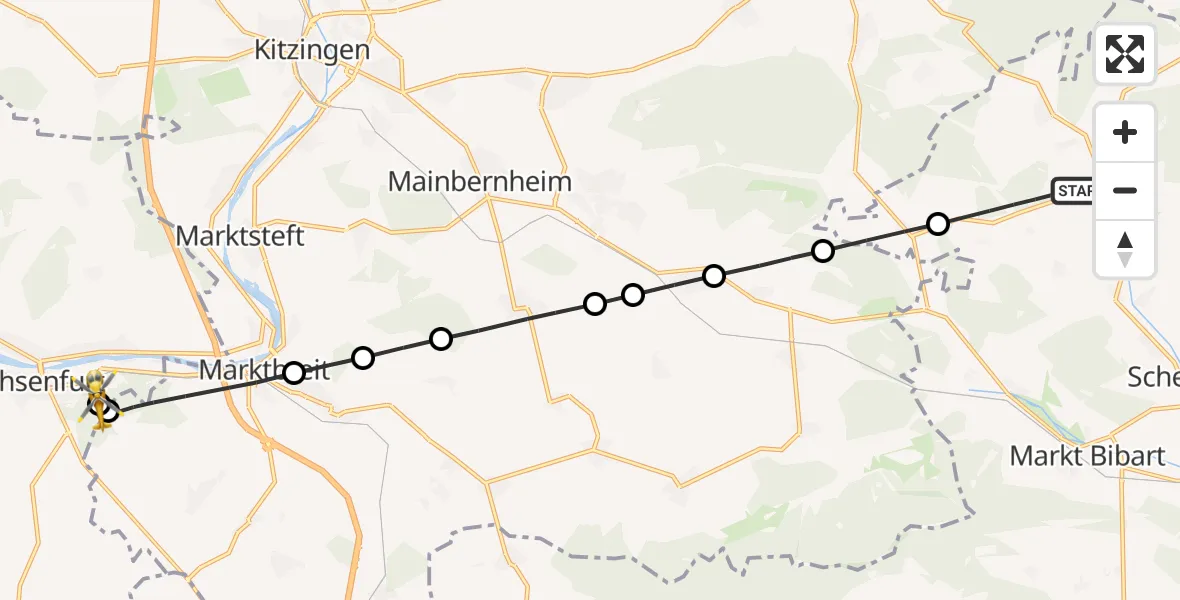 Flugroute Rettungshubschrauber Oberscheinfeld - Ochsenfurt Hospital, 16 August 2026, 10:40