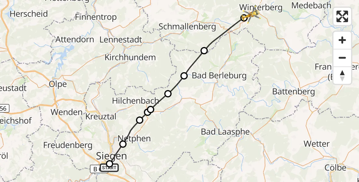 Flugroute Rettungshubschrauber Evangelisches Jung-Stilling Hospital - Winterberg, 16 August 2026, 10:47