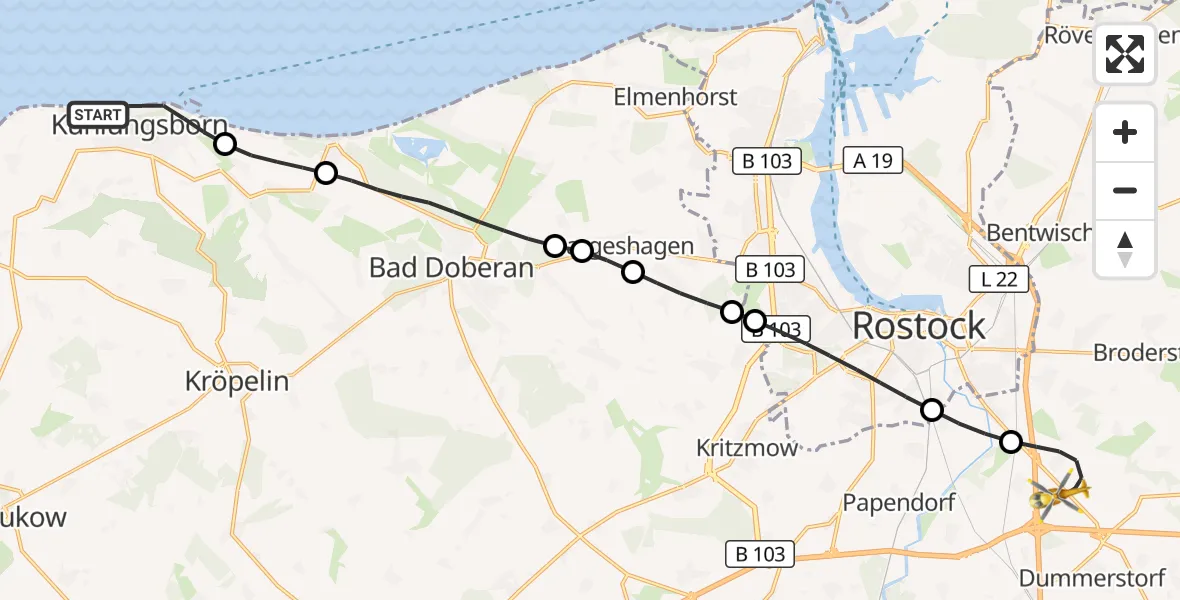 Flugroute Ambulanzhubschrauber Kühlungsborn - Dummerstorf, 16 August 2026, 10:48