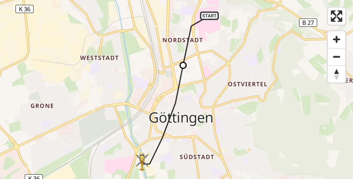 Flugroute Rettungshubschrauber Göttingen University Clinic Hubschrauberlandeplatz - Göttingen, 16 August 2026, 10:49