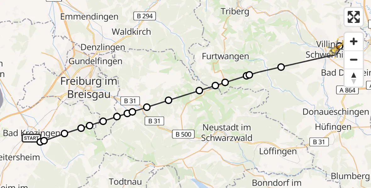 Flugroute Ambulanzhubschrauber Bad Krozingen - DRF Air Rescue Station Villingen-Schwenningen Hubschrauberlandeplatz (Christoph 11), 16 August 2026, 11:04
