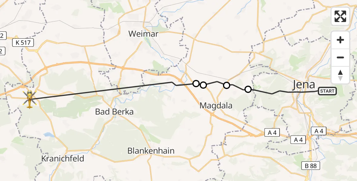 Flugroute Rettungshubschrauber Jena - Klettbach, 16 August 2026, 11:07