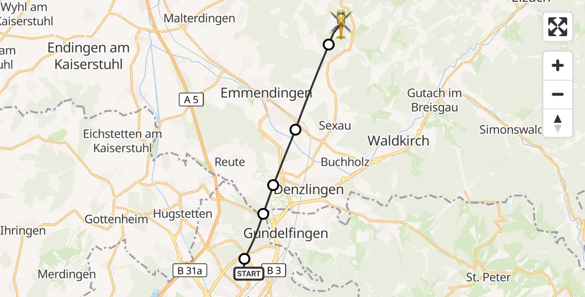 Flugroute Ambulanzhubschrauber Freiburg im Breisgau Flugplatz - Freiamt, 16 August 2026, 11:10