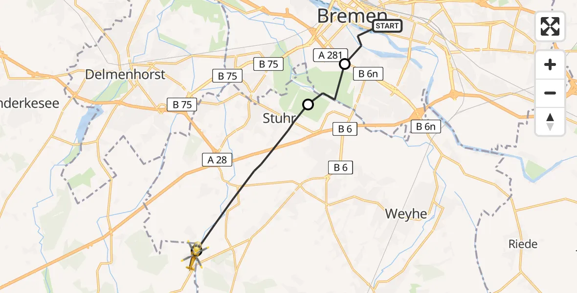 Flugroute Rettungshubschrauber Bremen - Kirchseelte, 16 August 2026, 11:16