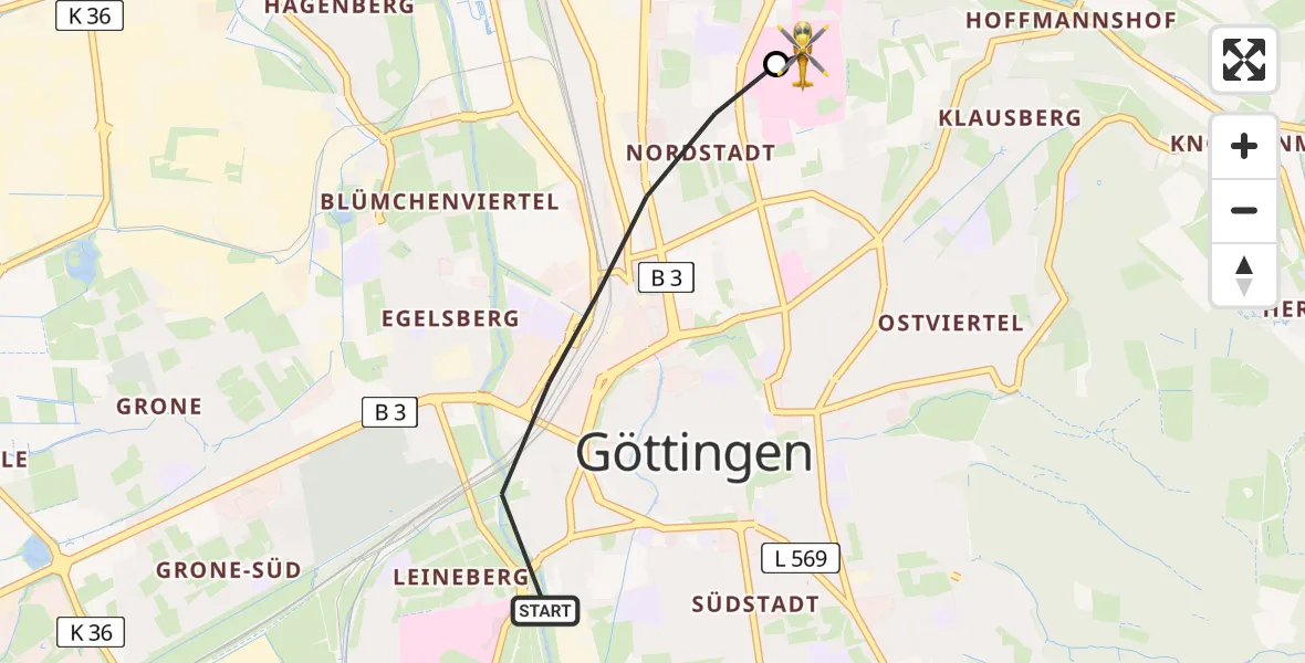 Flugroute Rettungshubschrauber Göttingen - Göttingen University Clinic Hubschrauberlandeplatz, 16 August 2026, 11:16