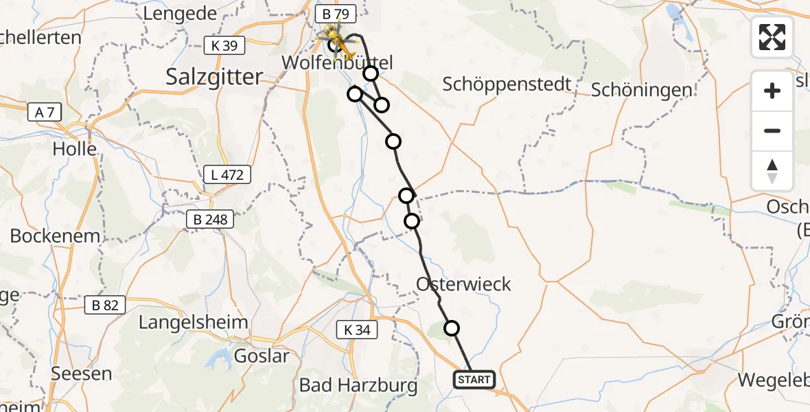 Flugroute Rettungshubschrauber Nordharz - Wolfenbüttel Municipal Hospital Heliport (Christoph 30), 16 August 2026, 11:19