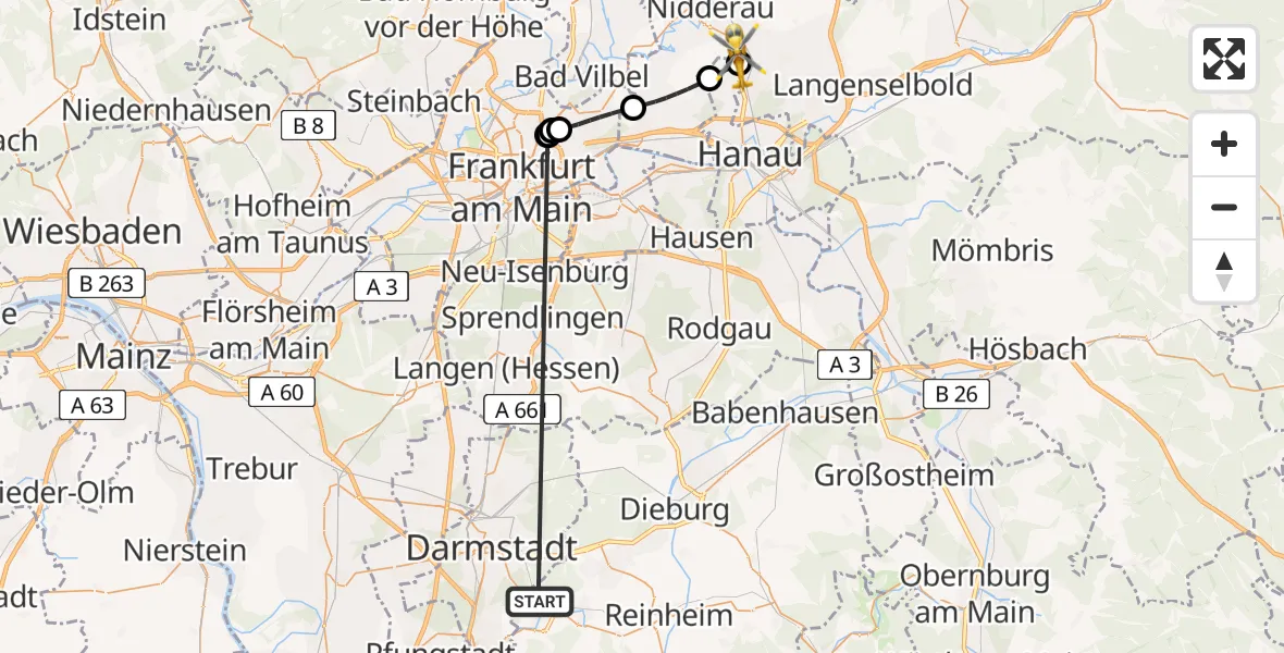 Flugroute Rettungshubschrauber Mühltal - Bruchköbel, 16 August 2026, 11:32